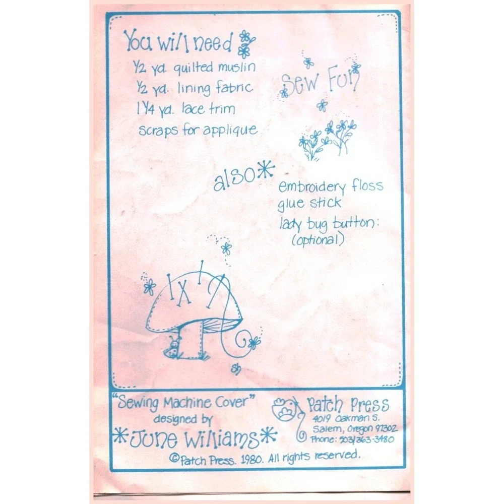 Vintage 1980 Patch Press Sewing Machine Cover Pattern June Williams Applique DIY